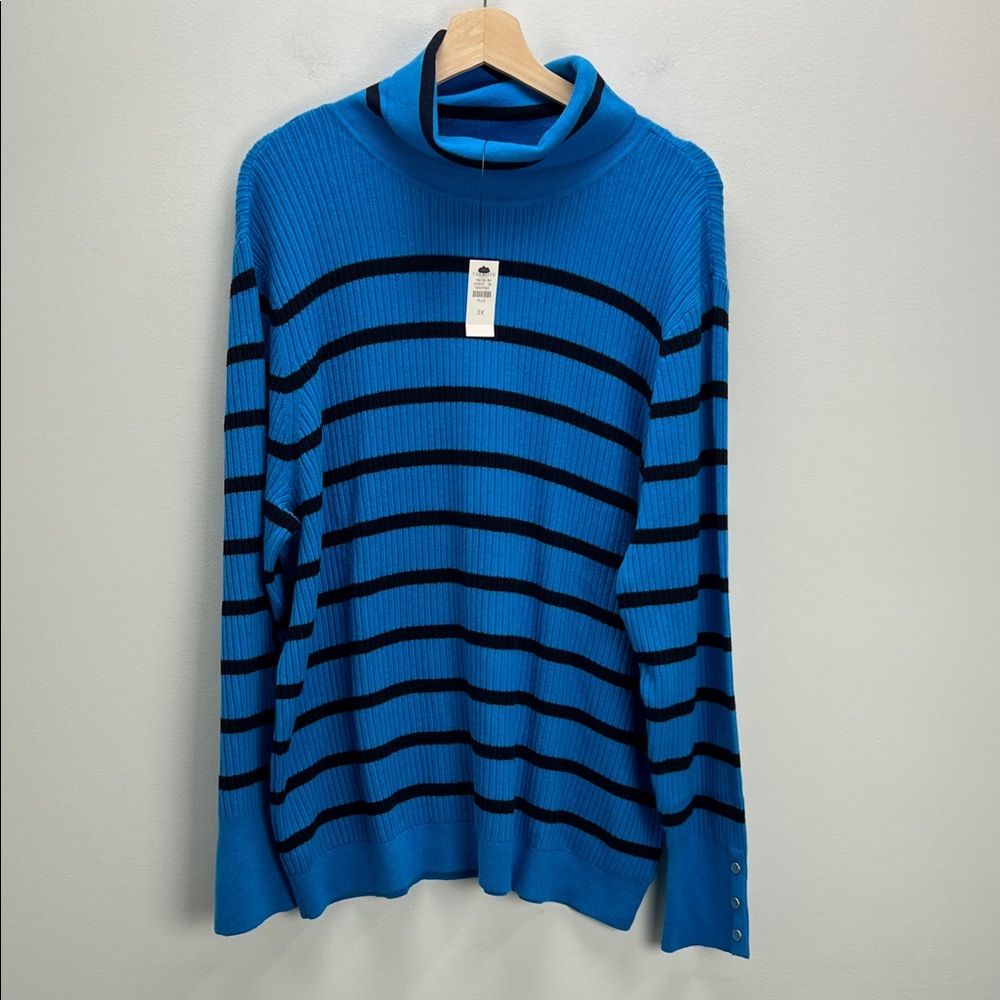 Talbots Turtleneck Sweater Ribbed Striped Blue Black Womens Plus 3X Stretchy New
